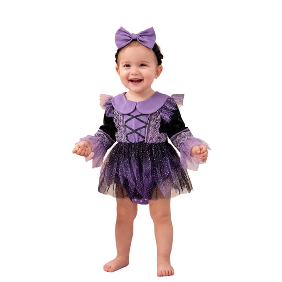 RMGVDSD Baby Girl Halloween Witch Outfit Purple Mesh Tulle Romper Dress Long Sleeve Peter Pan Collar Bodysuit Tutu Dress 12-18 Months