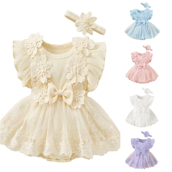 RMGVDSD Baby Girl Romper Dress Short Sleeve Mesh Tutu Dress Baby Girls Floral Lace Tulle Dresses with Headband Cute Clothes 12-18 Months