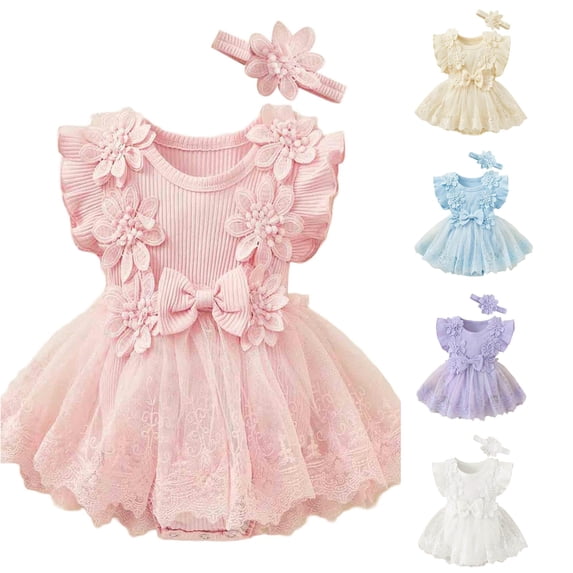 RMGVDSD Baby Girl Romper Dress Short Sleeve Mesh Tutu Dress Baby Girls Floral Lace Tulle Dresses with Headband Cute Clothes 12-18 Months