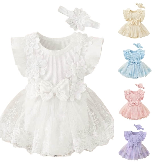 RMGVDSD Baby Girl Romper Dress Short Sleeve Mesh Tutu Dress Baby Girls Floral Lace Tulle Dresses with Headband Cute Clothes 3-6 Months