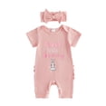 thumbnail image 1 of RMGVDSD Baby Girl Romper Summer Outfit Soft Ribbed Onesie Short Sleeve One Piece Jumpsuit Headband Comfy Cute Crawling Suit 6-12 Months, 1 of 4