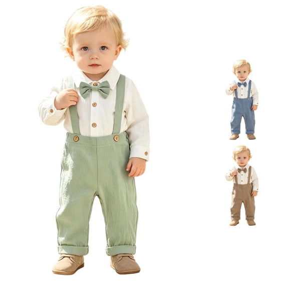 RMGVDSD Baby Boy Clothes Suit Long Sleeve Dress Romper Bodysuit Suspender Pants Gentleman Wedding Outfits Formal Set 12-18 Months