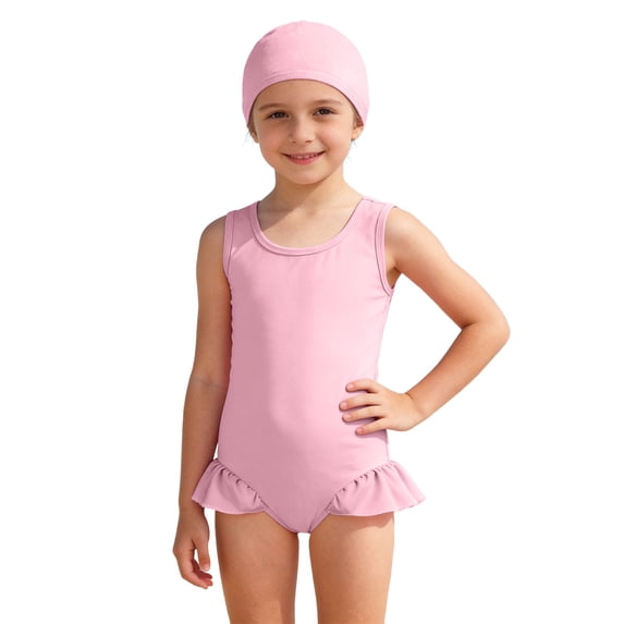 RMGVDSD One Piece Swimsuit for Girls Solid Color Swimsuits With Matching Swim Cap Ruffle Swimwear Comfortable Girls Summer Beach Bathing Suit 3-4 Years