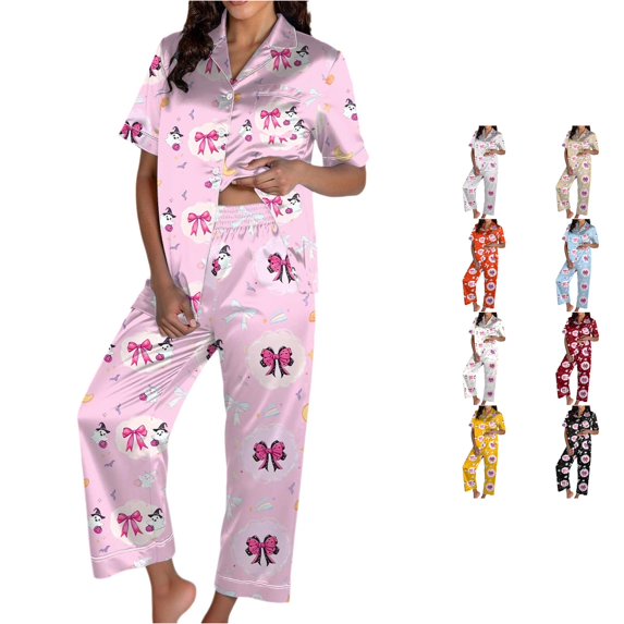 RMGVDSD Pajama Sets for Women 2 Piece Halloween Pajamas Cute Bow Printed Short Sleeve Top with Long Pants Sleepwear Set Nightwear Loungewear
