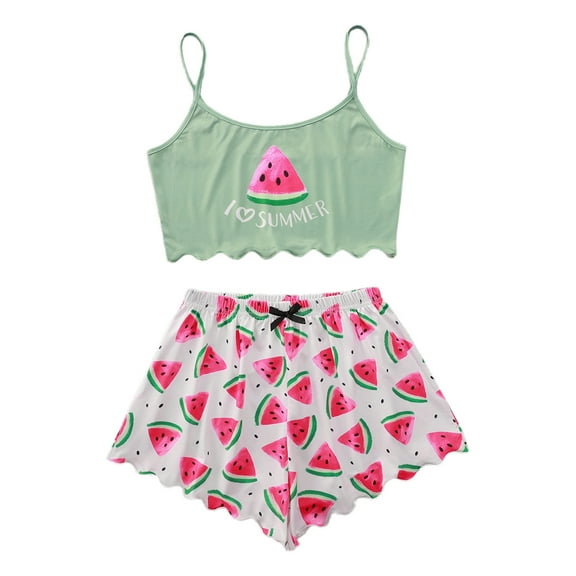RMGVDSD Pajamas for Women 2 Piece Women's Summer Cute Printed Sleeveless Tank Tops Cami Top And Shorts Pajamas Set Sleepwear Holiday Pajamas Loungewear