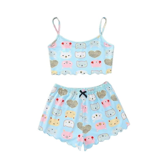 RMGVDSD Pajamas for Women 2 Piece Women's Summer Cute Printed Sleeveless Tank Tops Cami Top And Shorts Pajamas Set Sleepwear Jammies Fashion Clothes