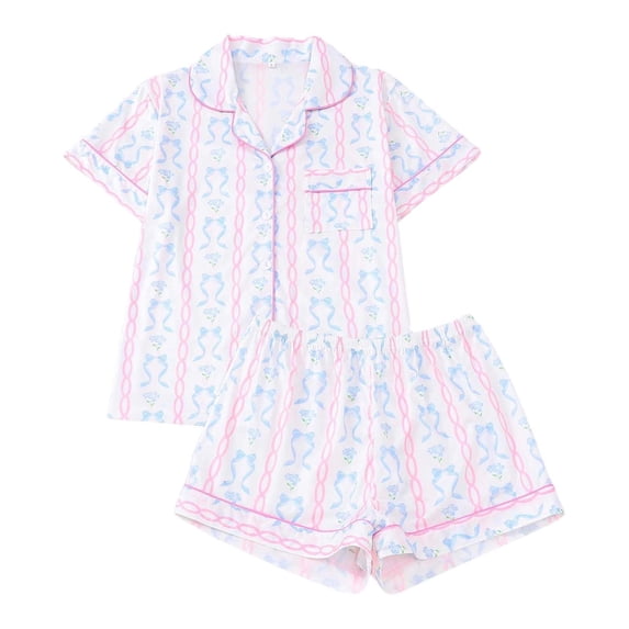 RMGVDSD Pajamas for Women Set Pink Bow Print Short Sleeve Sleepwear Button Down 2 Piece Pajama Shorts Set Fashion Daily Loungewear