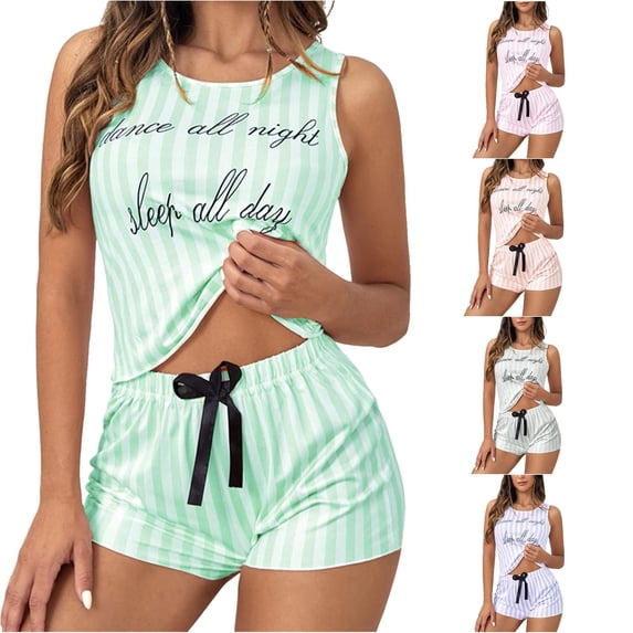RMGVDSD Pajamas for Women Set Soft Sleepwear Striped Pajama Sets Printed Sleeveless Tank Tops and Shorts 2 Piece Set Summer Pajamas Ladies Loungewear