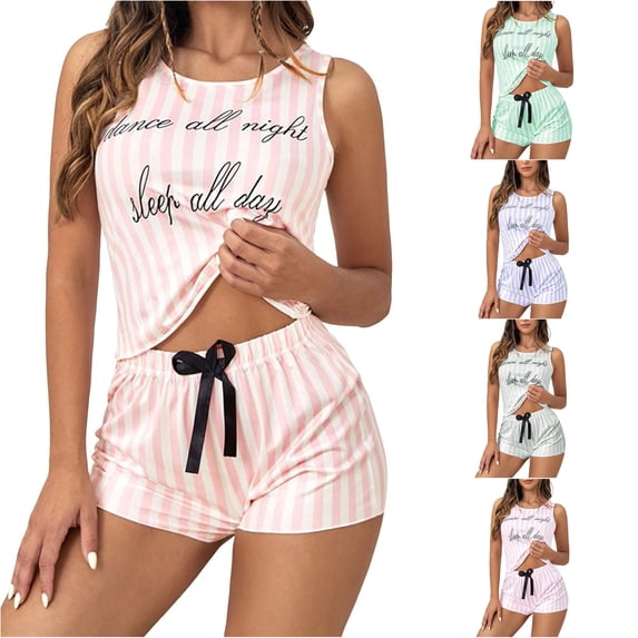 RMGVDSD Pajamas for Women Set Soft Sleepwear Striped Pajama Sets Printed Sleeveless Tank Tops and Shorts 2 Piece Set Summer Pajamas Ladies Loungewear