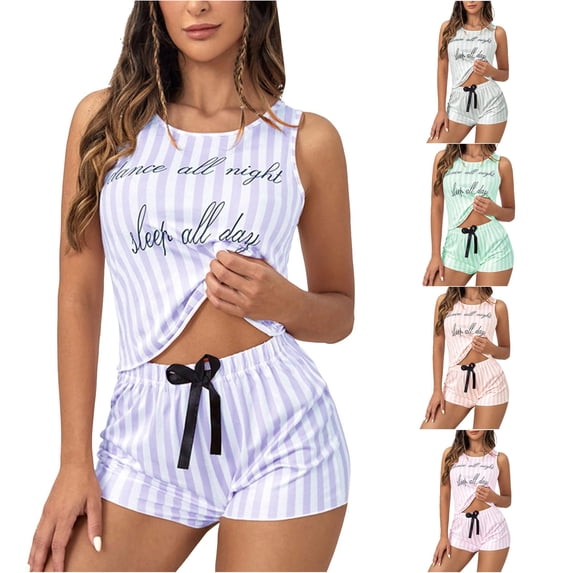 RMGVDSD Pajamas for Women Set Soft Sleepwear Striped Pajama Sets Printed Sleeveless Tank Tops and Shorts 2 Piece Set Summer Pajamas Ladies Loungewear