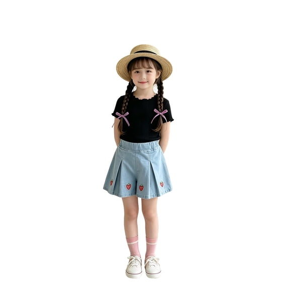 RMGVDSD Pleated Denim Skirts For Girls Casual Mini Summer Heart Printed A Line Flared Elastic Waist Loose Fit Party Kids Fashion Cute Comfortable Skirts,18-24 Months