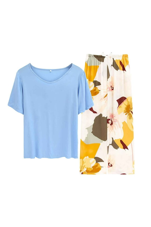 Plus Size Pajamas for Women Comfy Pajamas Set 2 Piece Outfits Short Sleeve T Shirts And Printed Wide Leg Pants Sleepwear Sets Comfy Jammies Dailywear