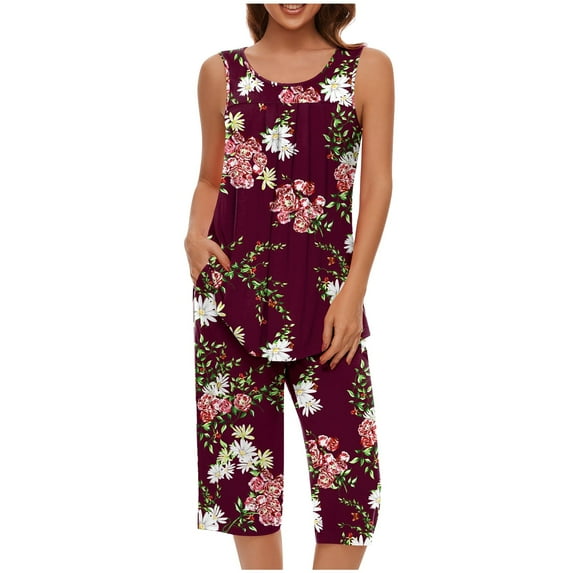 RMGVDSD Plus Size Pajamas for Women Soft Sleepwear Sleeveless Tank Top And Capri Pants With Pocket Loungewear Sets Pajamas Set Comfortable Sleepwear Set