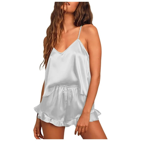 RMGVDSD Satin Pajama Set For Women Silk Pajamas Sexy V Neck Camisole Top And Shorts With Ruffle Sleepwear Set Comfort Fit Workout Outfit