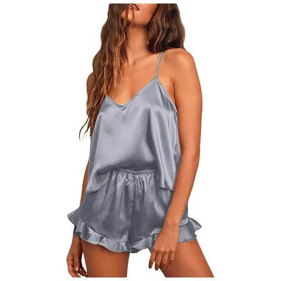 RMGVDSD Satin Pajama Set For Women Silk Pajamas Sexy V Neck Camisole Top And Shorts With Ruffle Sleepwear Set Daily Casual Fashion Suits