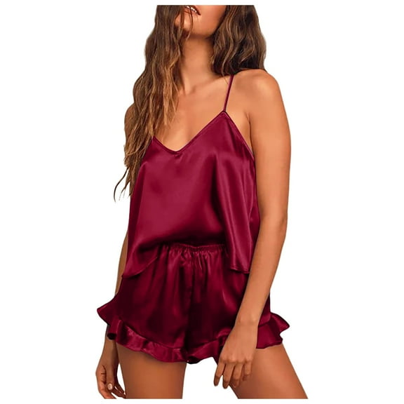 RMGVDSD Satin Pajama Set For Women Silk Pajamas Sexy V Neck Camisole Top And Shorts With Ruffle Sleepwear Set Daily Casual Workout Sets