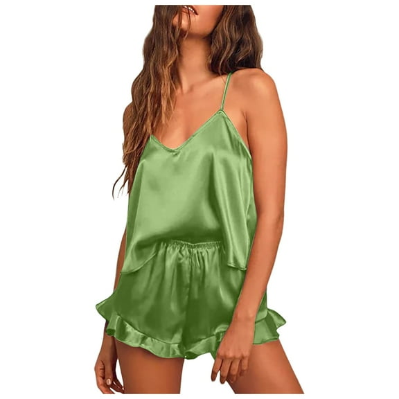 RMGVDSD Satin Pajama Set For Women Silk Pajamas Sexy V Neck Camisole Top And Shorts With Ruffle Sleepwear Set Trendy Beach Travel Outfits