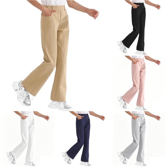 RMGVDSD School Uniform Pants for Girls Back to School Clothes Flare Dress Pant Bell Bottoms Elastic Waist Pull On Straight Leg Trousers 13-14 Years
