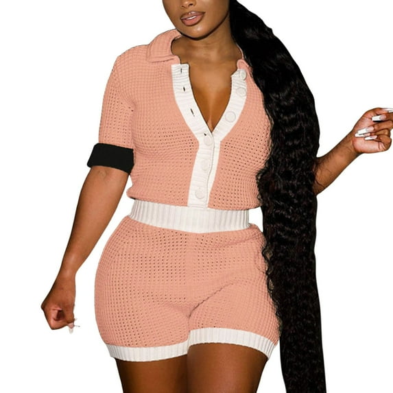 RMGVDSD Shorts Set For Women Knit Color Block Button Down Shirt And High Waist Shorts Tracksuits Jumpsuits Women Shorts Sets Beachwear