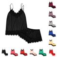 thumbnail image 1 of RMGVDSD Silk Satin Pajamas Set for Women 2Pcs V-Neck Solid Color Sleepwear Lace Sleeveless Camisole Top and Shorts Loungewear Pajama Sets, 1 of 9