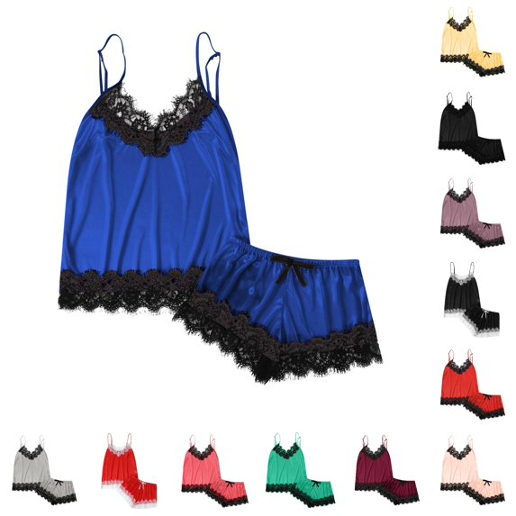 RMGVDSD Silk Satin Pajamas Set for Women 2Pcs V-Neck Solid Color Sleepwear Lace Sleeveless Camisole Top and Shorts Loungewear Pajama Sets
