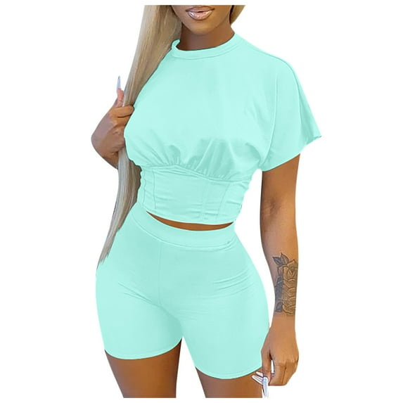 RMGVDSD Solid Color Two Piece Outfits For Women Short Sleeve Crop Top And Bodycon Shorts Joggers Tracksuit Sweatsuit Womens Short Summer Outfits