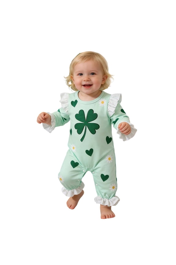 St Patricks Day Baby Girl Outfit Bodysuits Clover Printed Ruffle Long Sleeve Romper Jumpsuit One-Piece Outfits 6-12 Months
