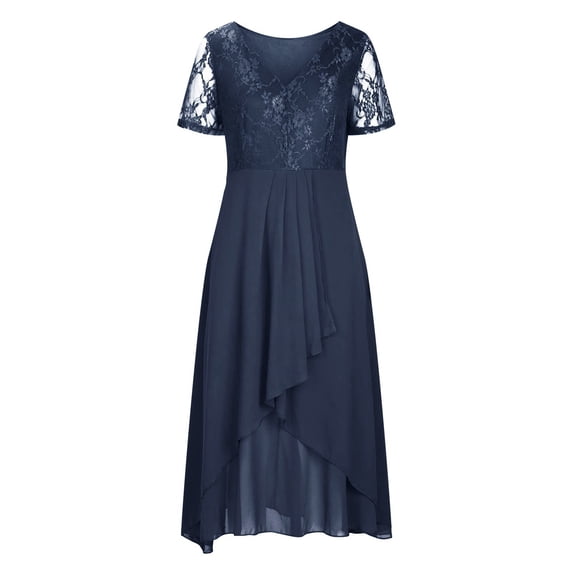 RMGVDSD Summer Dresses For Women Lace V Neck Ruffles Short Sleeve Long Sundress Empire Waist A-Line Formal Dresses Wedding Guest Dress Wedding Gown Dress