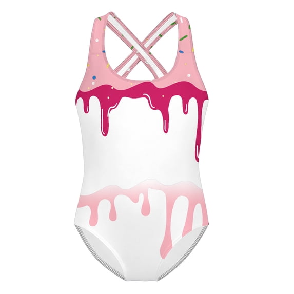 RMGVDSD Summer Ice Cream Print Girls Swimsuit One Piece Bathing Suits Criss Cross Back Girl Beach Swimwear Kids Fashion Swimsuits 7-8 Years