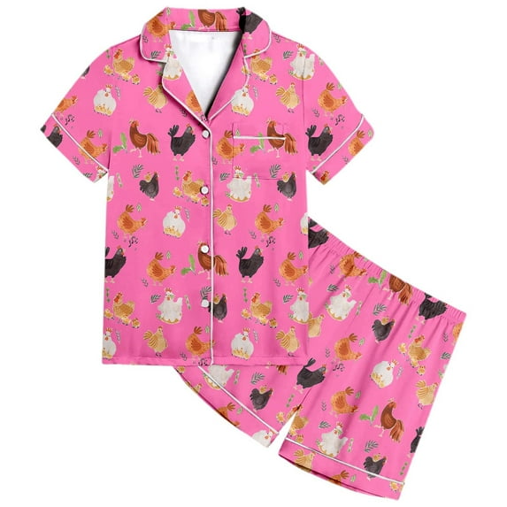 RMGVDSD Girls Summer Pajamas Animal Chicken Pattern Kids Girls Cartoon Printed Short Sleeve Button Down Shirts Shorts Set Sleepwear Outfits 6-7 Years