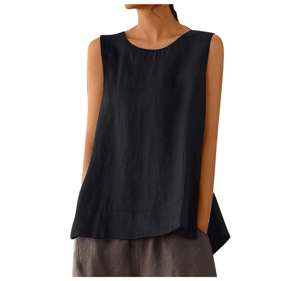 RMGVDSD Summer Tank Tops For Women Casual Sleeveless Tank Top Round Neck Loose Fit Solid Color Linen Shirts Beach Vacation Clothes Stylish Blouses