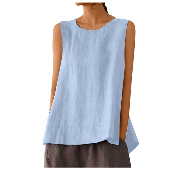 RMGVDSD Summer Tank Tops For Women Casual Sleeveless Tank Top Round Neck Loose Fit Solid Color Linen Shirts Beach Vacation Clothes Versatile Tees