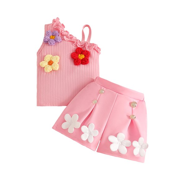 RMGVDSD Summer Toddler Girls Clothes Floral T-Shirt Sleeveless Tank Tops And Pleated Skirt Shorts 2Pcs Outfits Cute Casual Wear Stylish Outfits