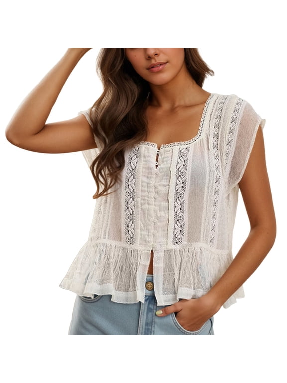 Summer Womens Tops Ruffle Bow Tie Peplum Tops Boho Sheer Flowy Short Sleeve Blouse Lace Eyelet Frilly Top Shirt Tshirts Soft Clothing