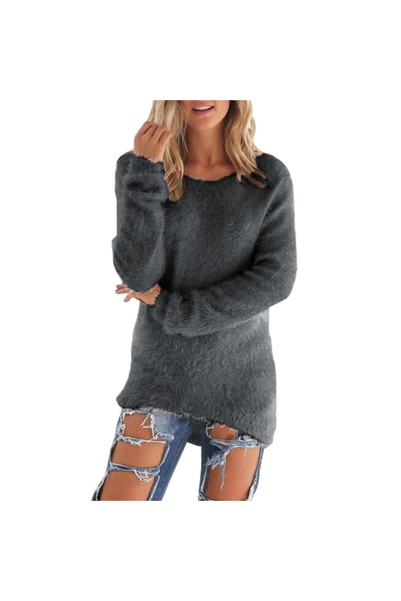 Sweater For Womens Lightweight Soft Long Sleeve Crewneck Pullovers Sweater Loose Fuzzy Sweater Solid Color Soft Sweater Fashion Outfit /Grey
