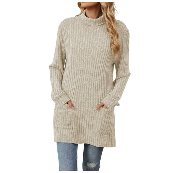 RMGVDSD Sweater For Women Fall Winter Turtleneck Long Sleeve Baggy Pocket Knit Sweater Loose Casual Tunic Tops Solid Color Casual Basic Sweater Clothes /Beige