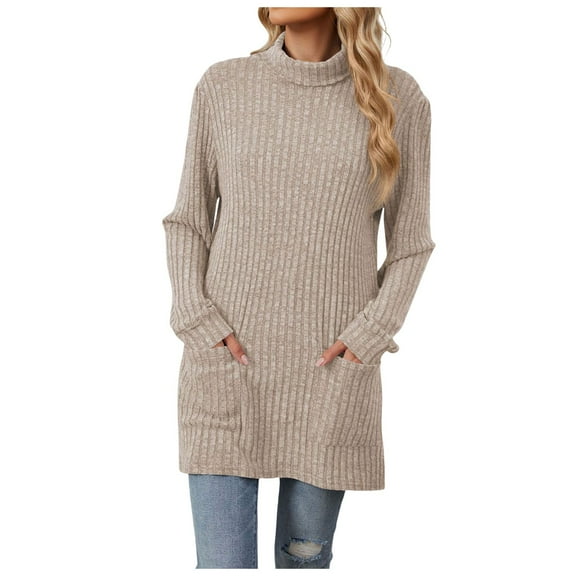 RMGVDSD Sweater For Women Fall Winter Turtleneck Long Sleeve Baggy Pocket Knit Sweater Loose Casual Tunic Tops Solid Color Comfort Pullover Sweater Tops /Khaki