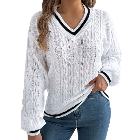 RMGVDSD Sweaters For Women 2025 Autumn/Winter Casual Color Contrast Plaid Long Sleeve Hoodie Sweater Solid Color Soft Sweater Fashion Outfit /White
