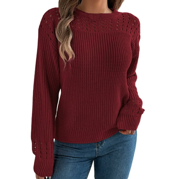 RMGVDSD Sweaters For Women 2025 Casual Solid Color Hollow Out Long Sleeved Pullover Sweater Tops Casual Pullovers Jumpers /Red