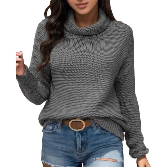 RMGVDSD Sweaters For Women Autumn/Winter Knit Long Sleeve Turtleneck Sweater Solid Color Fall Classic Soft Sweaters /Grey
