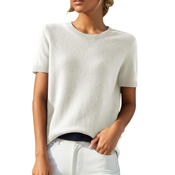 RMGVDSD Sweaters For Women Casual Crew Neck Loose Fit Short Sleeve Sweater Blend Trendy Solid Color Sweater Fall Fashion Clothes /White