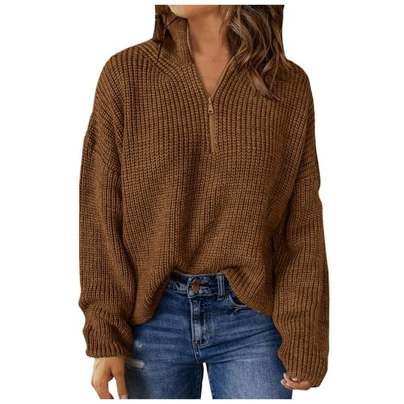 RMGVDSD Sweaters For Women Kint Long Sleeve 1/4 Zip Pullover Turtleneck Sweater For Women Solid Color Fashion Pullover Sweater Tops /Brown