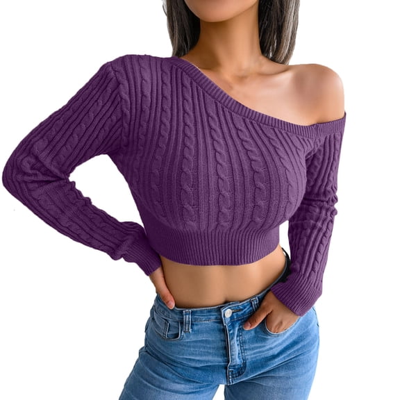 RMGVDSD Sweaters For Women Long Sleeve Fashion Twist Off Shoulder Cropped Knitted Sweater Pullover Solid Color Trendy Casual Fall Sweater /Purple