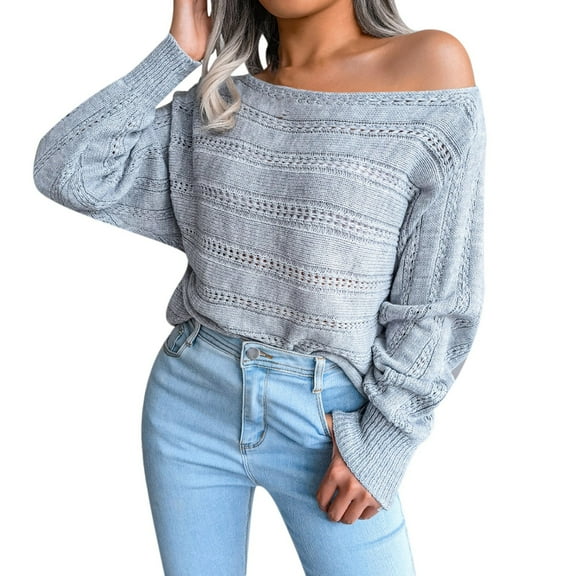 RMGVDSD Sweaters For Women Autumn Winter Off Shoulder Hollow Out Cable Knit Casual Sweater Long Sleeve Sweater Solid Color Fashion Pullover Sweater Tops /Grey