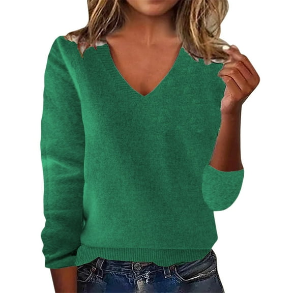 RMGVDSD Sweaters For Women Fashion Solid Color Loose Temperament Wool Pullover Sweater V Neck Sweater Long Sleeve Sweater Trendy Pullover Sweater Top /Dark Green