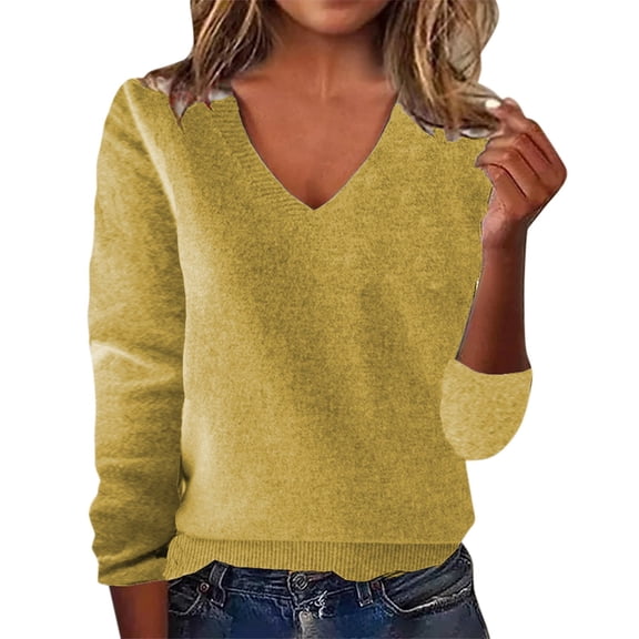 RMGVDSD Sweaters For Women Fashion Solid Color Loose Temperament Wool Pullover Sweater V Neck Sweater Long Sleeve Sweater Tunic Sweaters Fashion Clothes /Yellow