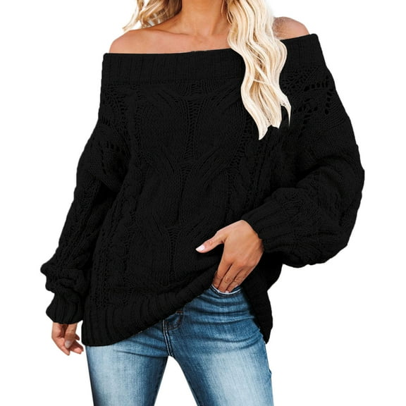 RMGVDSD Sweaters For Women Off Shoulder Tops Long Sleeve Knit Shirt Pullover Sweater Jumper Tops Casual Warm Sweater Solid Color Trendy Pullover Sweater Top /Black