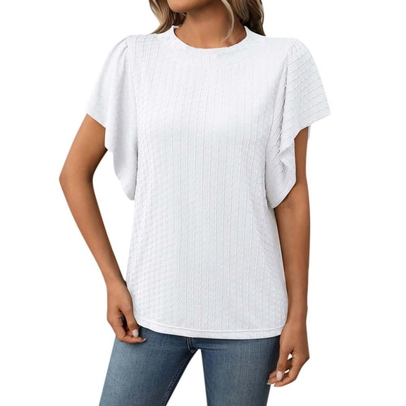 RMGVDSD T Shirts for Women Women's Textured Round Neck Flutter Sleeve T Shirt Casual Wear Fashion Blouses Top