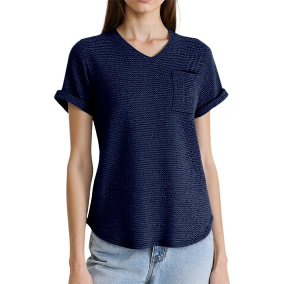 RMGVDSD T Shirts for Women Women's V Neck Short Sleeve Knit T Shirt With Pockets Stylish Comfortable Summer Trendy T Shirts Blouses
