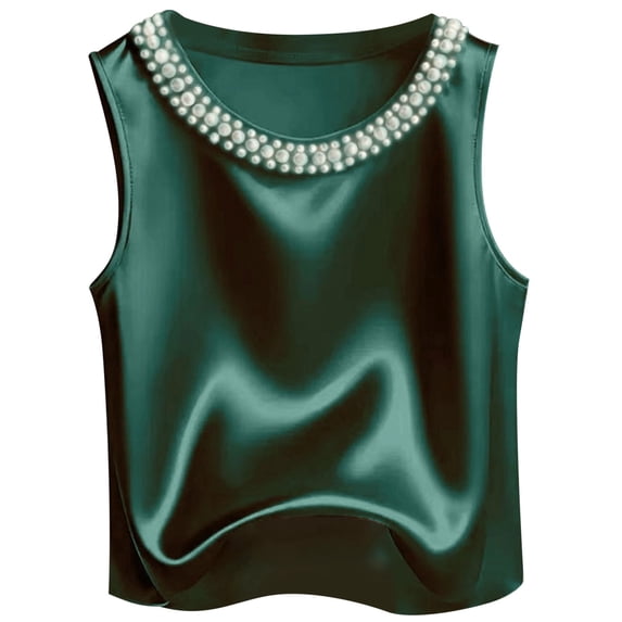 RMGVDSD Tank Tops For Women Fashion Elegant Solid Satin Tank Top For With Pearl Round Neckline Summer Sleeveless Camisole For Everyday Style Versatile Tees